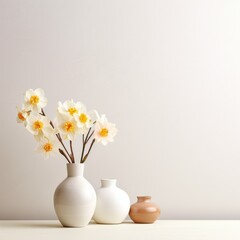 Lush bouquet of white-yellow daffodils in vase Tender minimalistic spring flowers composition. march 8, women's day, mother's day, spring