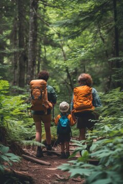 Mother and young child, both with backpacks, walking on a forest trail surrounded by greenery.
