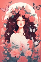 Portrait of young beautiful smiling woman with stylish hair and flowers with butterflies around her face