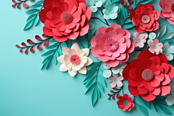 Paper cut floral bouquet, Flower paper craft style. Mother's day. Happy Women's day. Botanical 8 March. Invitation banner. Postcard. Pink and blue colors, Spring summer time