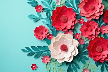 Paper cut floral bouquet, Flower paper craft style. Mother's day. Happy Women's day. Botanical 8 March. Invitation banner. Postcard. Pink and blue colors, Spring summer time