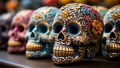 Fototapeta premium Mexican culture celebrates Day of the Dead with colorful skulls generated by AI