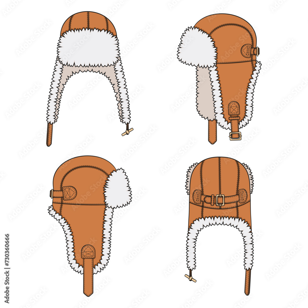 Poster set of color illustrations with flying cap with earflaps. isolated vector objects on white backgroun