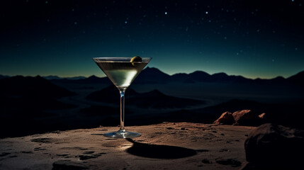 Martini cocktail with olive on a Desert mountain Romantic Starry night