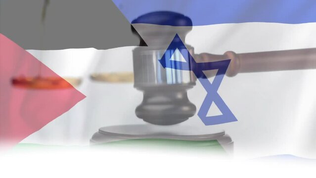 Animation of flags of palestine and israel over gavel