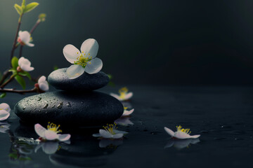 Zen spa setting with pebbles and flowers for relaxation