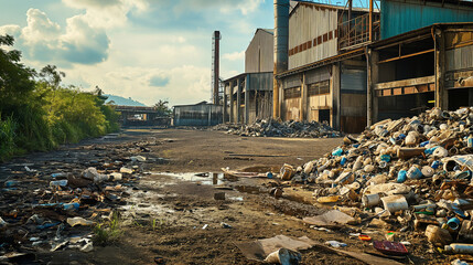 dirty area with many thrown away bottles and trash. Old factories are in the back. It's sunny with green plants on the side