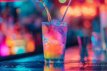 A drink being poured in a colorful bar with a beautiful bokeh background.