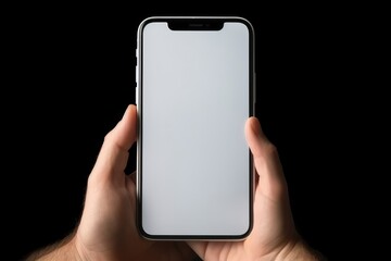 Close up man hands holding modern smart phone mockup.New modern black frameless smartphone mockup with blank white screen