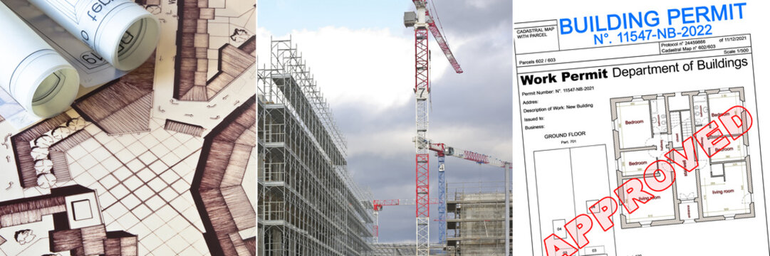 Building Permit banner concept with imaginary cadastral map, construction site with tower crane and approved work permission for the construction of a new building