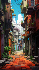 Fototapeta premium Cool illustrated side street, side street, beautiful illustrated street
