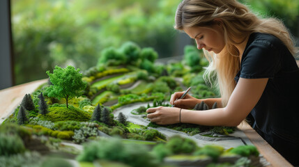 Landscape designer woman at work creatively brings ideas to life, crafting harmonious and beautiful landscapes inspired by the beauty of nature