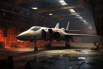 Sleek Military jet in hangar. Defense pilot. Generate Ai - obrazy, fototapety, plakaty