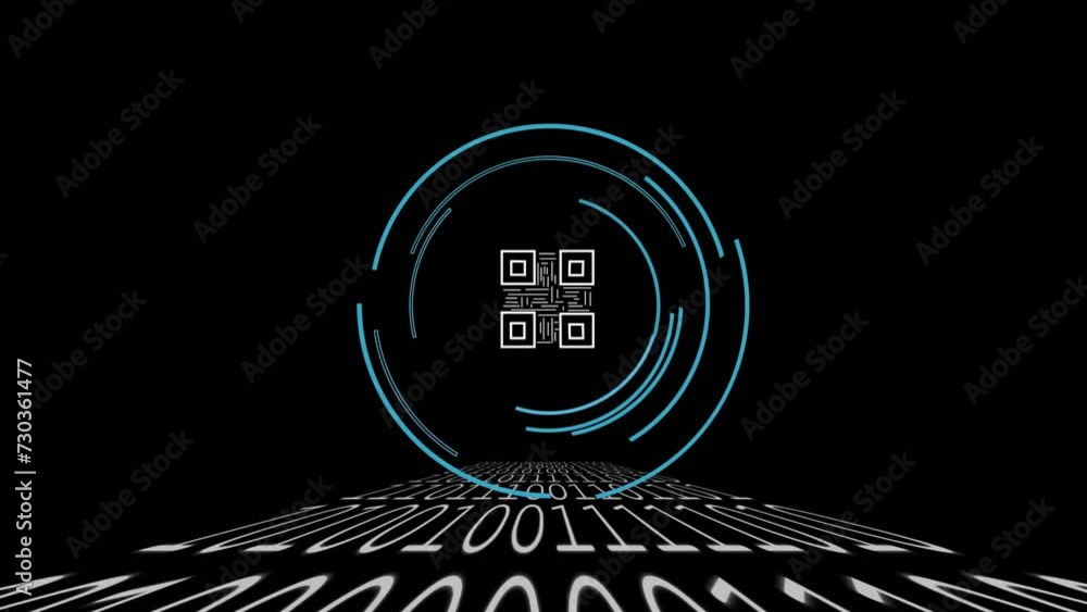 Poster animation of qr code and binary coding data processing over black background