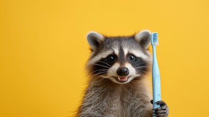 portrait of a raccoon with a toothbrush, smiling. on a plain background