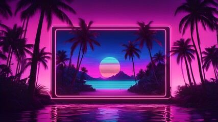sunset in the city, neon jungle, dreams, dreamy world, neon lights, tropical vibes, purple neon environment, beach, palm trees, retro vibe, retro neon landscape.