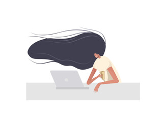 Long haired redhead woman with a laptop holds an online meeting. Virtual video study or education, business conference. - 730362026