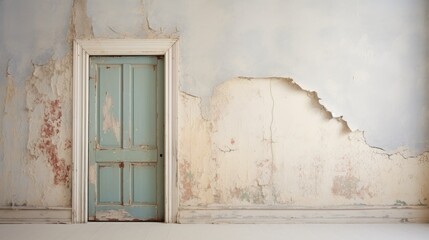 Fototapeta premium The dilapidated wall of the building and the wooden door require major repairs. Facade of a house with damaged plaster. Photophone for retro shooting. Illustration for cover, card, interior design.