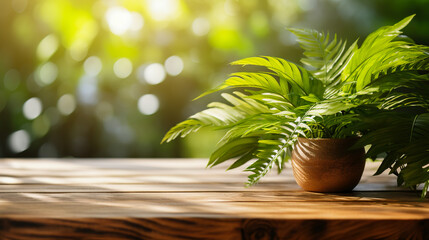 Potted plant on wood table on summer garden background