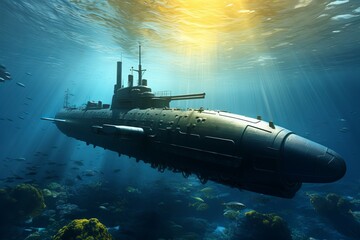 Stealthy Military submarine. Ocean defense naval. Generate Ai