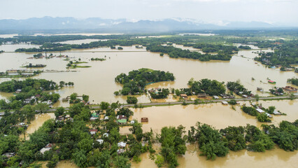 Aerial view of small town been Flooded countryside neighbourhood in Silchar, Assam India Barak...