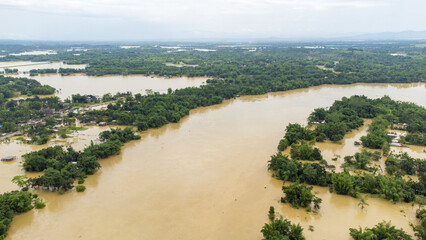 Aerial view of small town been Flooded countryside neighbourhood in Silchar, Assam India Barak...
