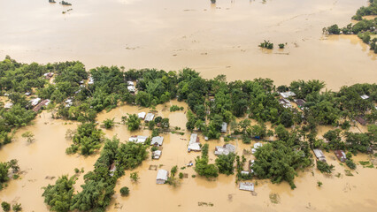 Aerial view of small town been Flooded countryside neighbourhood in Silchar, Assam India Barak...