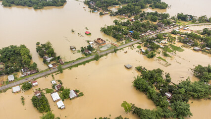 Aerial view of small town been Flooded countryside neighbourhood in Silchar, Assam India Barak...