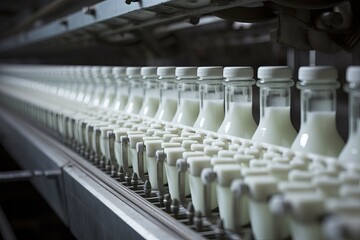 Efficient Milk bottle conveyor. Factory line. Generate Ai