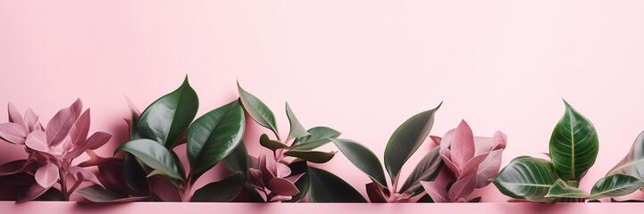 Fototapeta na wymiar Plant leaves on pink background. Botanical background, banner with copy space