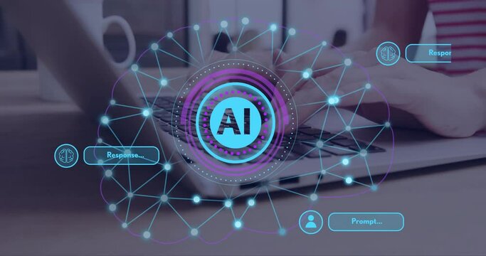 Animation of ai brain and data processing over caucasian woman typing on computer