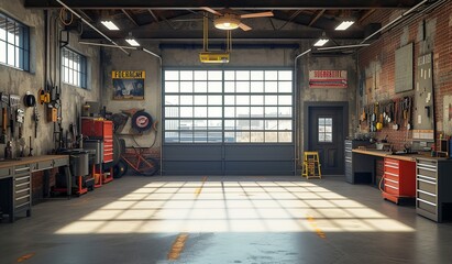 An illustrative depiction of a garage filled with various tools and equipment, offering an open and spacious environment for work and projects - obrazy, fototapety, plakaty