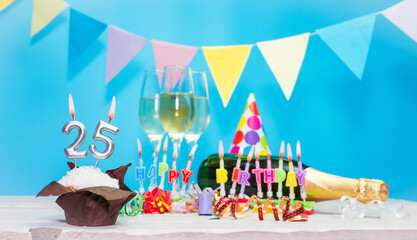 Date of birth with candles and number  25. Anniversary greeting card. Holiday decorations. Happy...