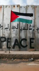 Palestinian flag with the word "PEACE" on a wall. Middle East conflict. Israel - Palestine war. Terrorism.