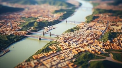 Layout of city with river and bridge. Engineering project. Illustration for cover, card, postcard, interior design, banner, poster, brochure or presentation. - obrazy, fototapety, plakaty
