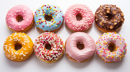 Various colorful donuts on a white background to enjoy