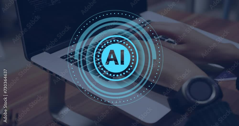 Poster animation of ai data processing over caucasian woman using computer
