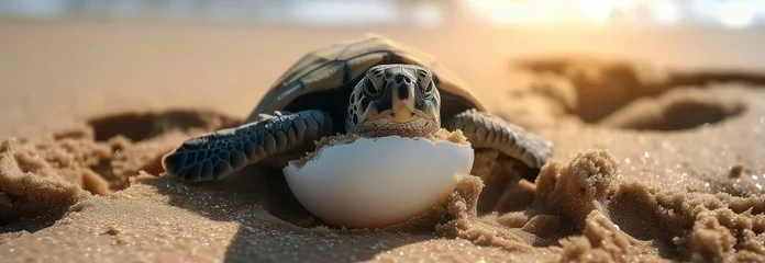 Rolgordijnen Sea turtles are hatching from eggs on the beach. © S photographer