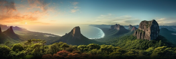 A panoramic view of majestic mountains overlooking a coastal landscape at sunrise