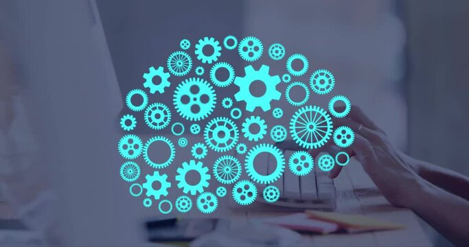 Animation of ai brain with cogs over caucasian man typing on computer