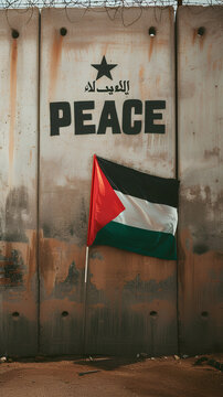 Palestinian flag with the word "PEACE" on a wall. Middle East conflict. Israel - Palestine war. Terrorism.