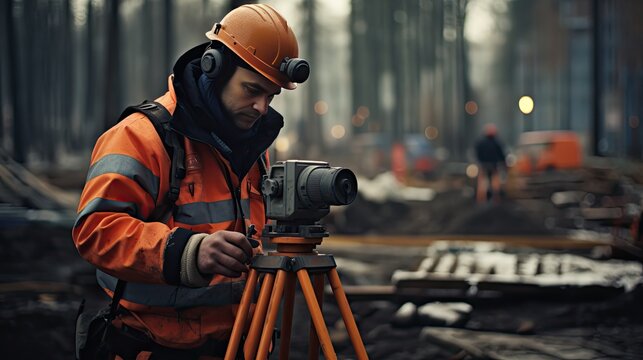 A male surveyor is taking measurements of the area. Professional at work. Illustration for cover, card, banner, poster, brochure or presentation.