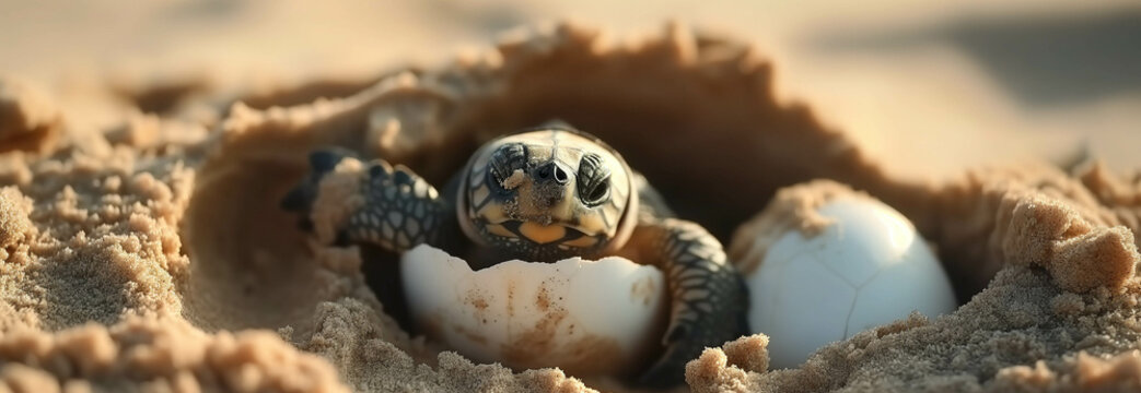 Sea turtles are hatching from eggs on the beach.