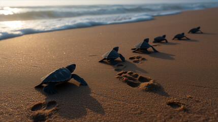 Obraz premium Baby turtles are walking on the beach.