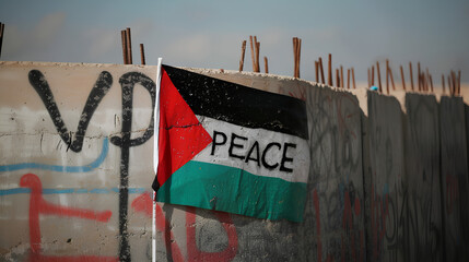Palestinian flag with the word "PEACE" on a wall. Middle East conflict. Israel - Palestine war. Terrorism.