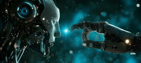 Artificial Intelligence android hand touching an artificial robot face, in the style of light cyan and silver, internet network, artificial environments. generative AI