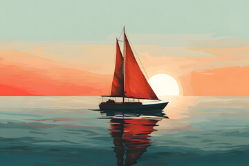 Sailboat on the sea, sailing, illustrated sailboat - obrazy, fototapety, plakaty