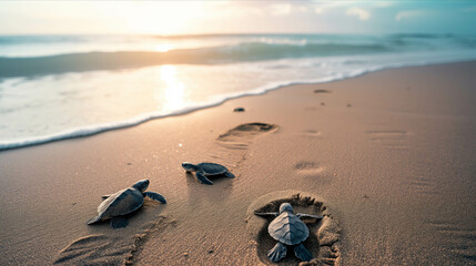 Baby turtles are walking on the beach. - Powered by Adobe