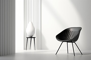 Contemporary scandinavian white living room with stylish chair and black poster frame on wall - obrazy, fototapety, plakaty