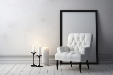 Modern scandinavian white living room with chair, black poster frame, and minimalist design